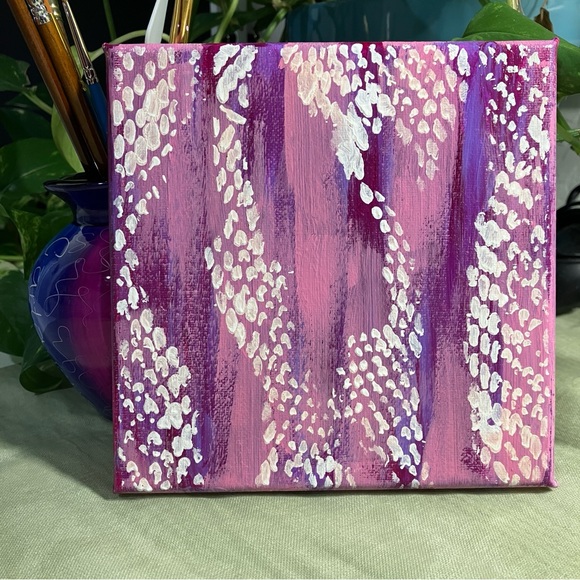 Abstract Acrylic Lacy Patterned Pink and Purple Mini Painting, 6x6" - Picture 6 of 10